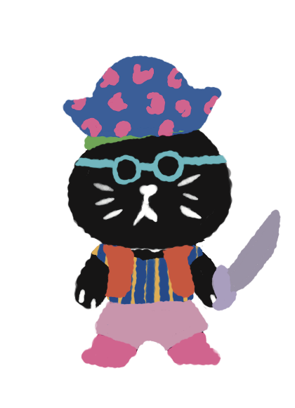 Cap'n Squid, a black pirate cat with a heart-print tricorn, teal glasses, and a cutlass